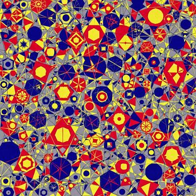 The primary subject of the image is a colorful, geometric pattern made up of various shapes and colors. The setting is a blue and yellow background, which adds to the vibrant atmosphere of the pattern. The visual style of the image is a combination of digital art and illustration, creating a unique and eye-catching design. The dominant colors in the pattern are yellow and blue, which contribute to the lively and energetic mood of the image.
